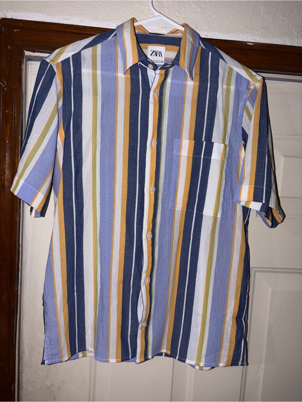 Zara Men’s Short-Sleeve Vertical Stripe Button-Up Shirt - Blue, Yellow, White